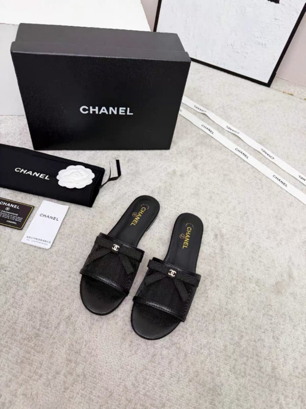 Chanel Black Mesh Bow CC Logo Flat Slides